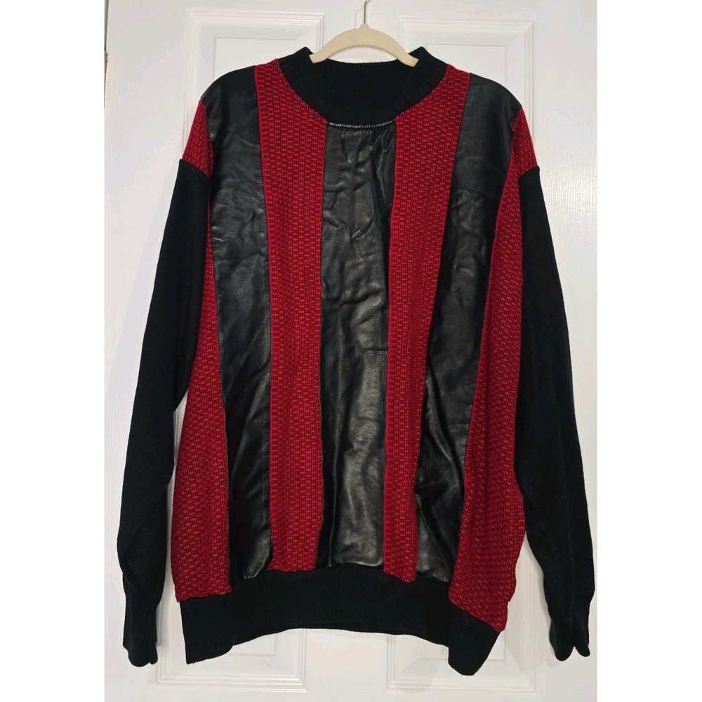 BAGAZIO Mens XL Sweater Red Black Striped Faux Leather Retro   2XL